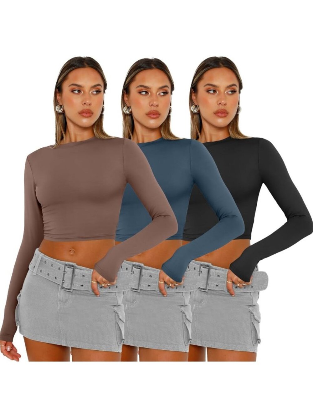 Cute Y2K Long Sleeve Crop Tops - 3 Pack Women's Gym Essentials, Stylish Basics - Picture 2 of 4